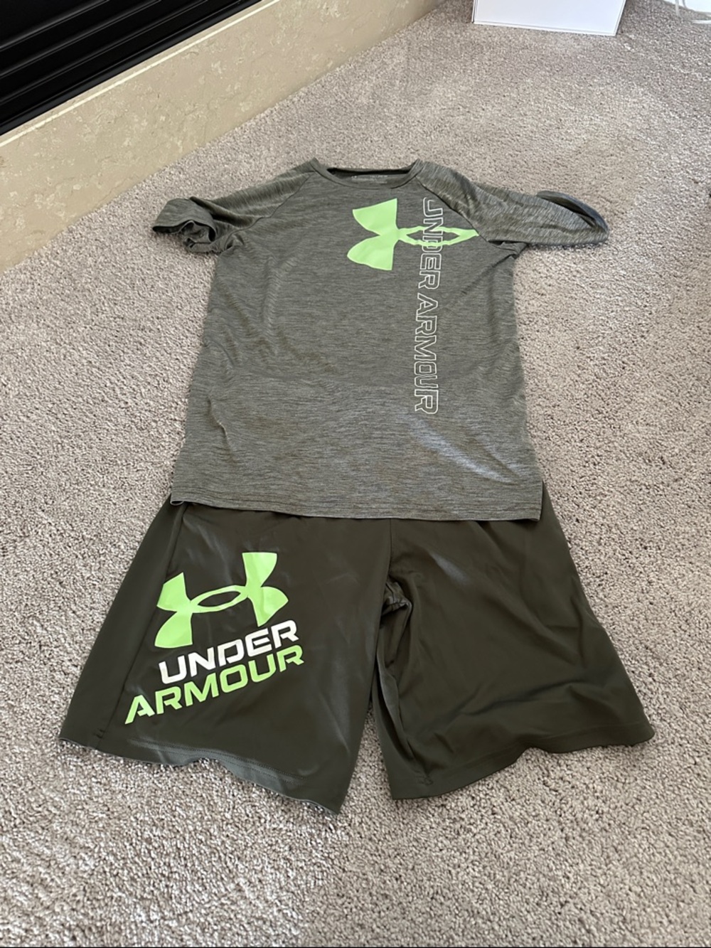 Under Armour Gray Tee and Olive Shorts with Neon Green Logo